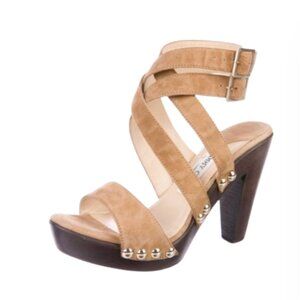 Jimmy Choo Unity Criss Cross Sandals Heels Womens 40 9 Tan Suede Crossover Shoe